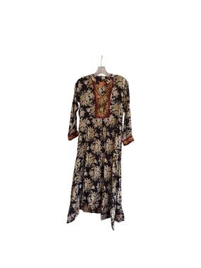 ELF Black Maxi Dress with Gold Floral Print and Red Trim